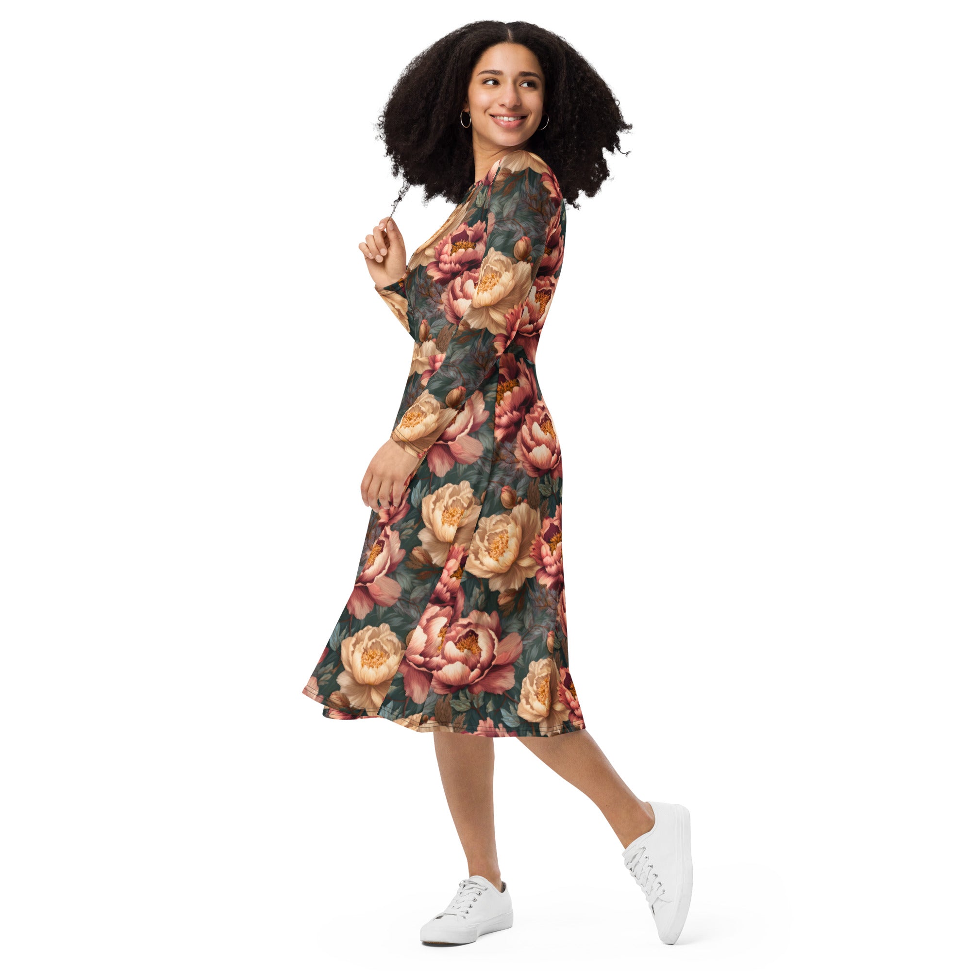 All-over print long sleeve midi dress