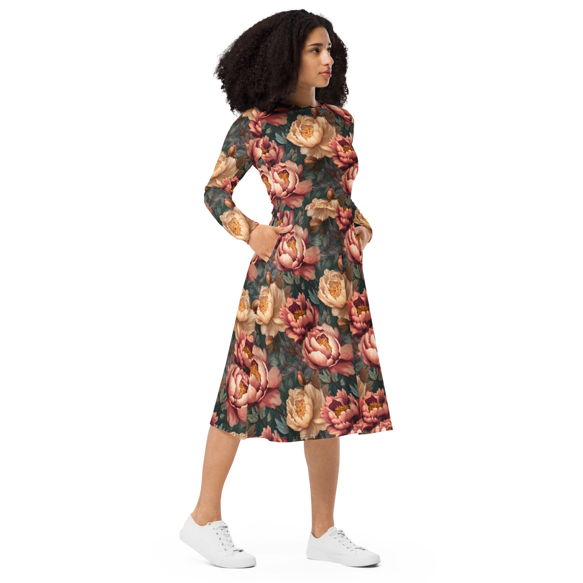 All-over print long sleeve midi dress